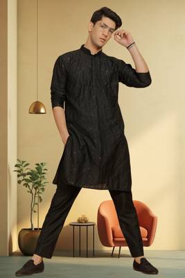 Men's black art silk embroidered kurta pyjama 1