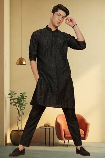 Men's black art silk embroidered kurta pyjama