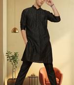 Men's black art silk embroidered kurta pyjama