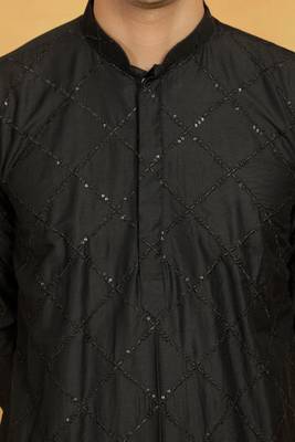 Men's black art silk embroidered kurta pyjama 3