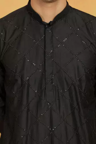 Men's black art silk embroidered kurta pyjama
