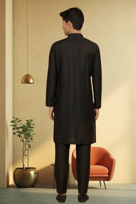 Men's black art silk embroidered kurta pyjama 4