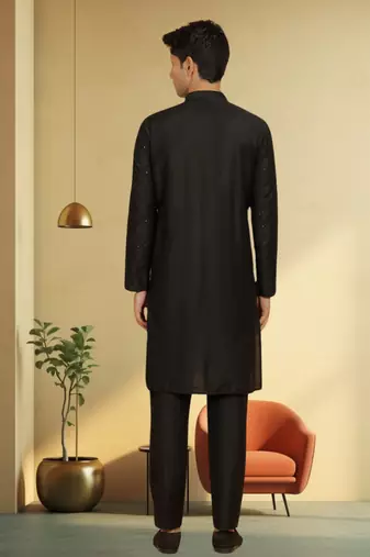 Men's black art silk embroidered kurta pyjama