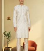Men's cream art silk embroidered kurta pyjama