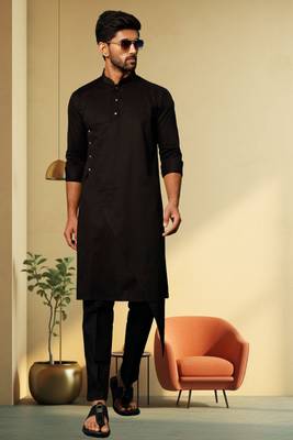 Men's art silk black kurta pyjama plain 1