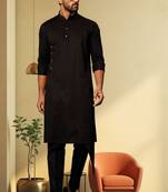 Men's art silk black kurta pyjama plain