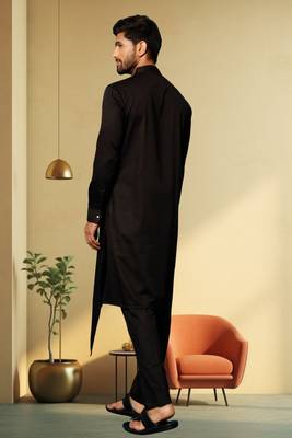 Men's art silk black kurta pyjama plain 2