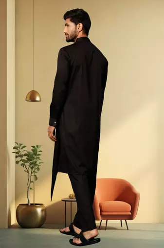 Men's art silk black kurta pyjama plain
