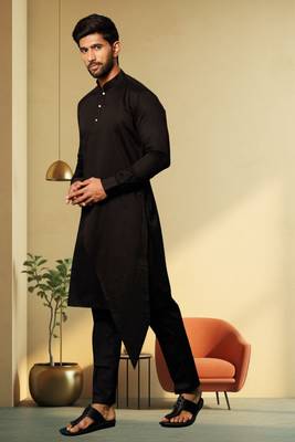 Men's art silk black kurta pyjama plain 3