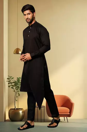 Men's art silk black kurta pyjama plain