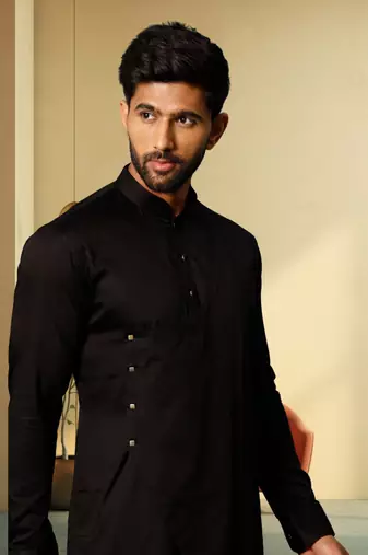 Men's art silk black kurta pyjama plain