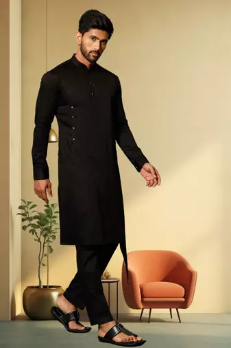 Men's art silk black kurta pyjama plain