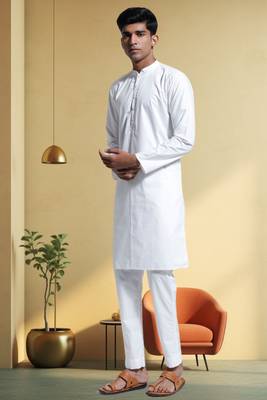 Men's art silk white kurta pyjama plain 1