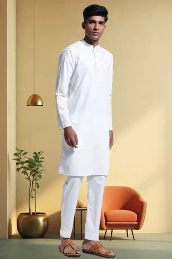 Men's art silk white kurta pyjama plain