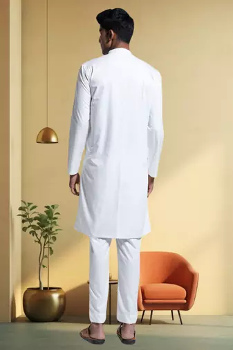 Men's art silk white kurta pyjama plain