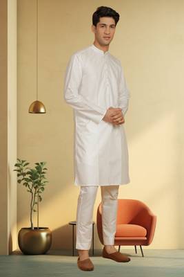 Men's art silk cream kurta pyjama plain 1