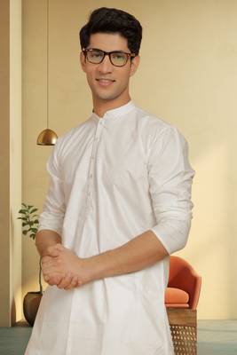Men's art silk cream kurta pyjama plain 2