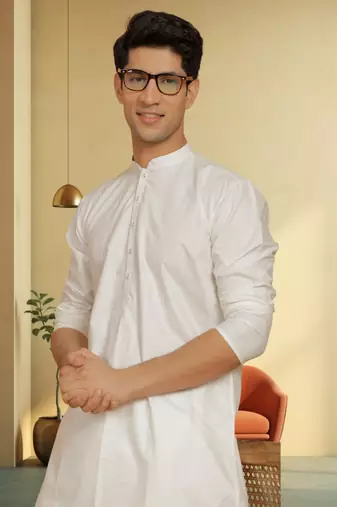 Men's art silk cream kurta pyjama plain
