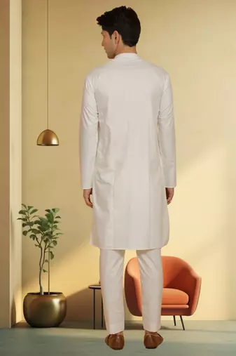 Men's art silk cream kurta pyjama plain