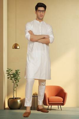 Men's art silk cream kurta pyjama plain 5