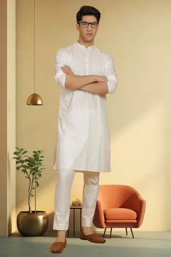 Men's art silk cream kurta pyjama plain