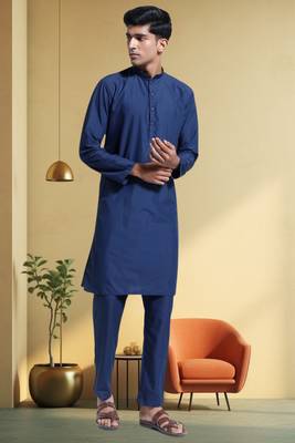 Men's art silk navy blue kurta pyjama plain 1