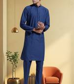 Men's art silk navy blue kurta pyjama plain