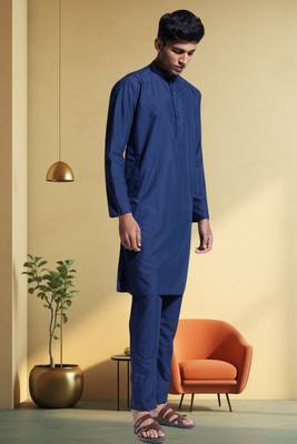 Men's art silk navy blue kurta pyjama plain 2