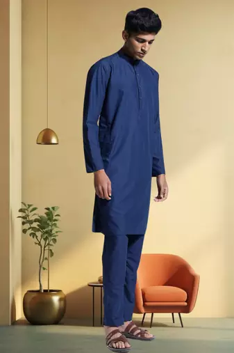Men's art silk navy blue kurta pyjama plain