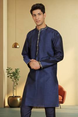 Men's navy blue art silk embroidered kurta pyjama 1