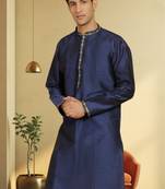 Men's navy blue art silk embroidered kurta pyjama