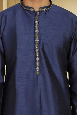 Men's navy blue art silk embroidered kurta pyjama 2