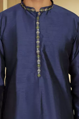 Men's navy blue art silk embroidered kurta pyjama