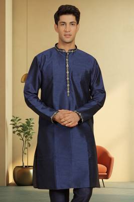 Men's navy blue art silk embroidered kurta pyjama 3
