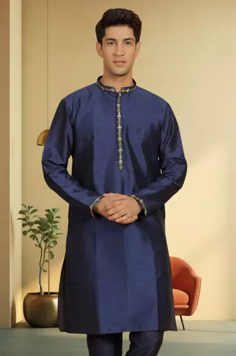 Men's navy blue art silk embroidered kurta pyjama