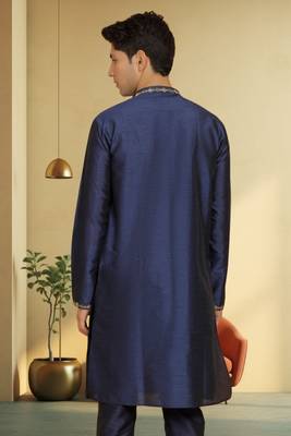 Men's navy blue art silk embroidered kurta pyjama 4
