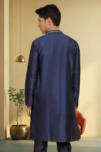 Men's navy blue art silk embroidered kurta pyjama