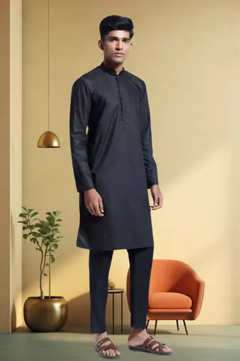 Men's art silk black kurta pyjama plain