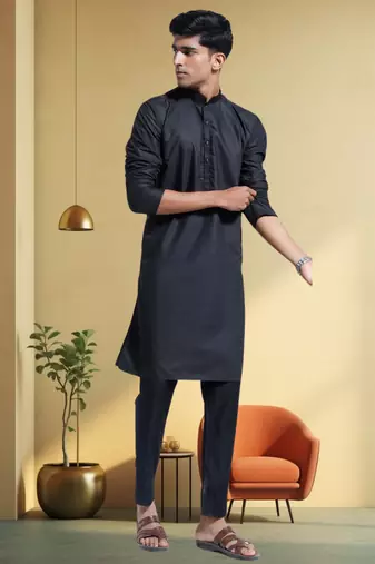 Men's art silk black kurta pyjama plain