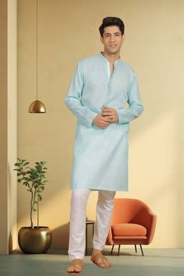 Men's turquoise cotton blend embroidered kurta pyjama 1