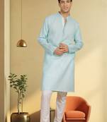 Men's turquoise cotton blend embroidered kurta pyjama