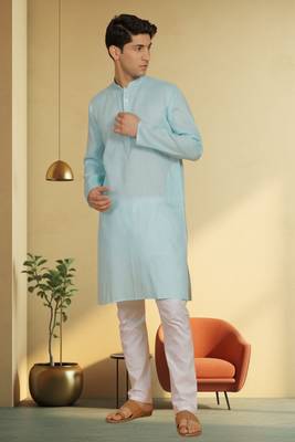 Men's turquoise cotton blend embroidered kurta pyjama 2