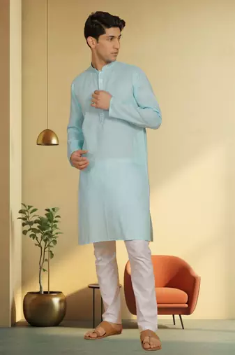 Men's turquoise cotton blend embroidered kurta pyjama