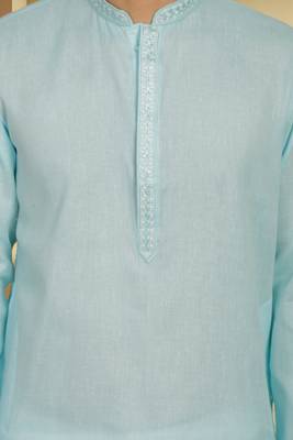 Men's turquoise cotton blend embroidered kurta pyjama 3