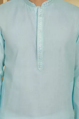 Men's turquoise cotton blend embroidered kurta pyjama