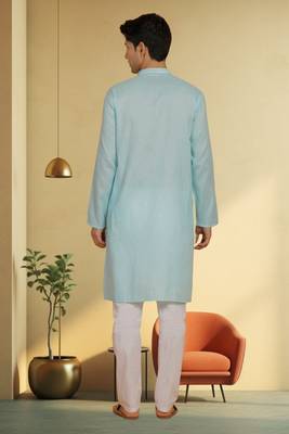 Men's turquoise cotton blend embroidered kurta pyjama 4