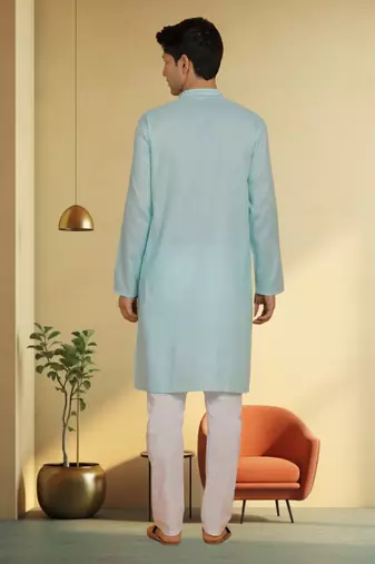 Men's turquoise cotton blend embroidered kurta pyjama