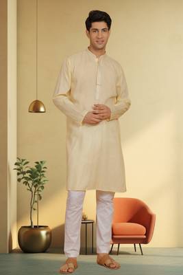 Men's yellow cotton blend embroidered kurta pyjama 1
