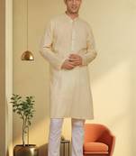 Men's yellow cotton blend embroidered kurta pyjama