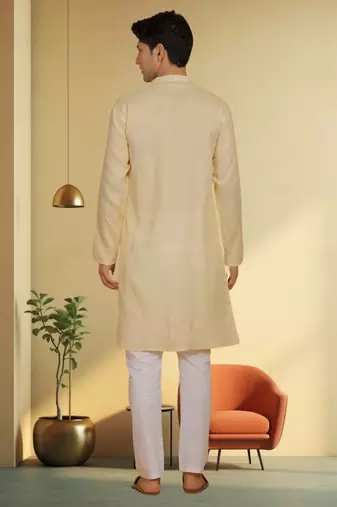 Men's yellow cotton blend embroidered kurta pyjama